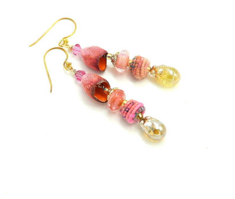Colorful Long Dangle Bohemian Earrings. Artisan Coral Ceramic Bell Beads. Handmade Fiber Beads. Gold Glass Headpins. Holiday Gift Ideas. image 6