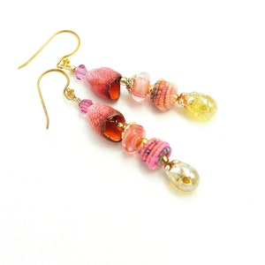 Colorful Long Dangle Bohemian Earrings. Artisan Coral Ceramic Bell Beads. Handmade Fiber Beads. Gold Glass Headpins. Holiday Gift Ideas. image 2