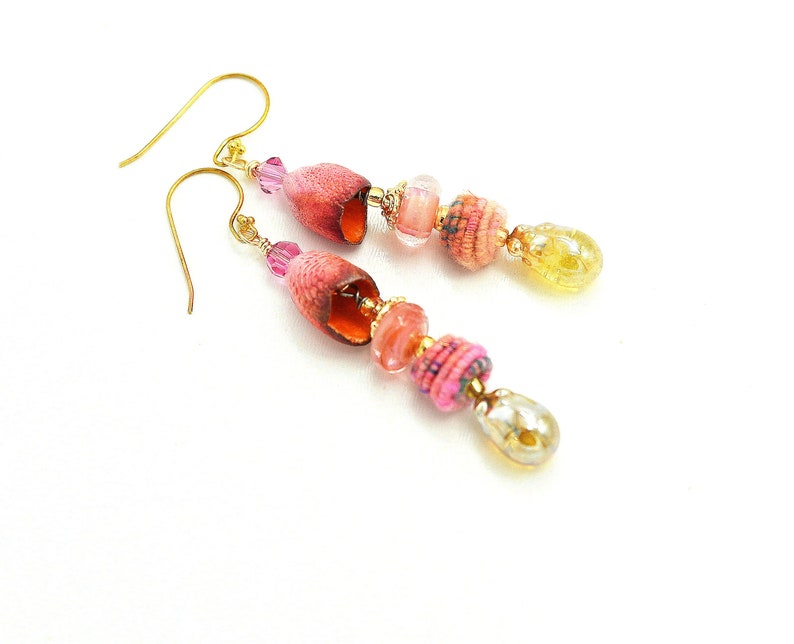 Colorful Long Dangle Bohemian Earrings. Artisan Coral Ceramic Bell Beads. Handmade Fiber Beads. Gold Glass Headpins. Holiday Gift Ideas. image 2