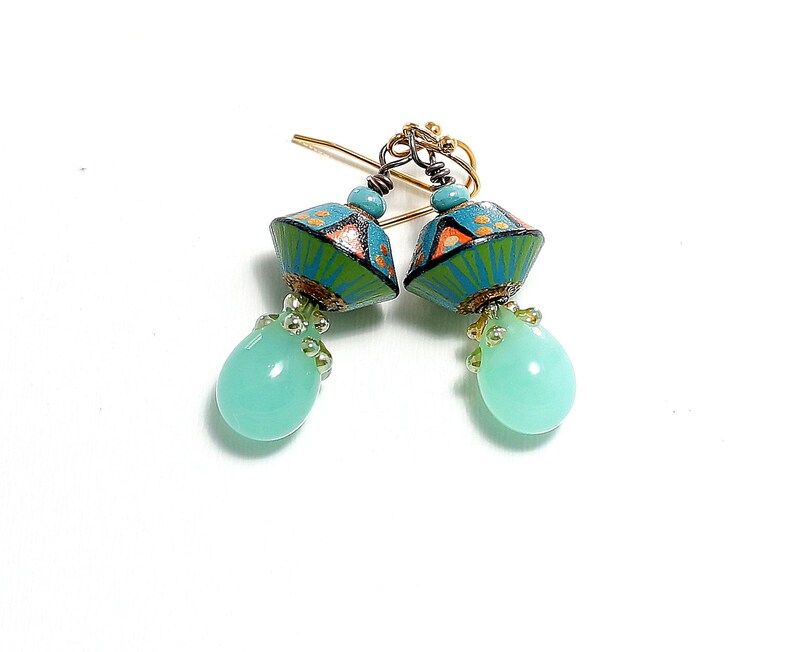 Artisan Lampwork Bead Headpins Petite Boho Dangle Drop Earrings Handmade Clay Tribal Beads Light Turquoise Colors Glass Bead Jewelry.