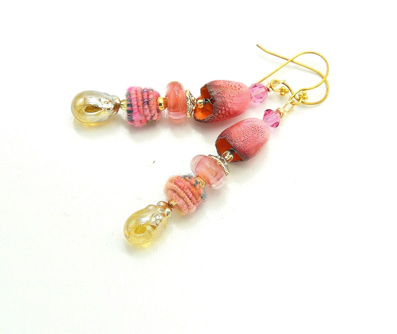 Colorful Long Dangle Bohemian Earrings. Artisan Coral Ceramic Bell Beads. Handmade Fiber Beads. Gold Glass Headpins. Holiday Gift Ideas. image 3