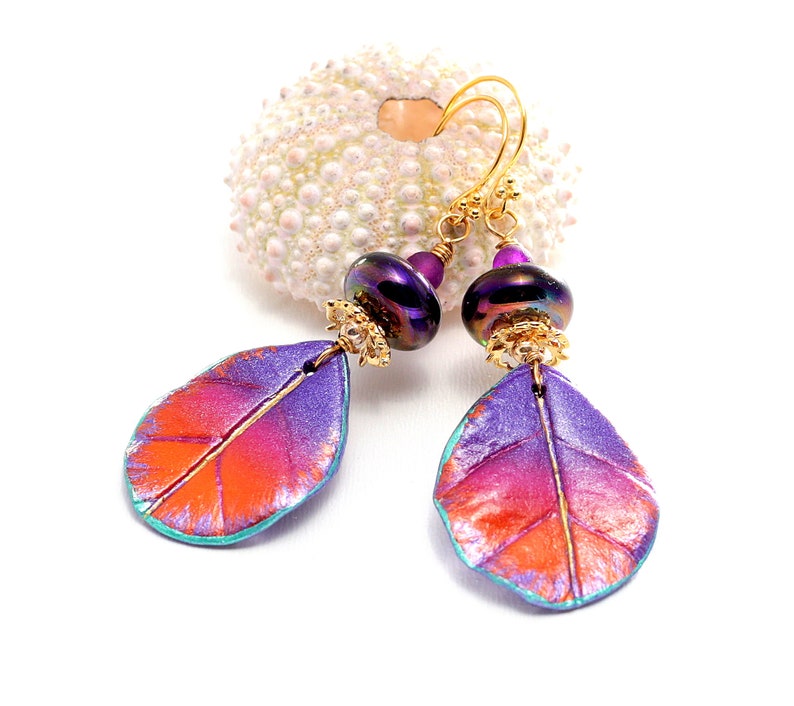 Handpainted Boho Leaf Charms Glass Bead Jewelry. Colorful Dangle Earrings Luminous Purple Lampwork Beads Special Occasion Gifts For Her