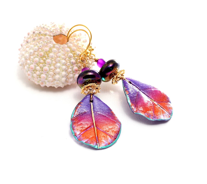Handpainted Boho Leaf Charms Glass Bead Jewelry. Colorful Dangle Earrings Luminous Purple Lampwork Beads Special Occasion Gifts For Her