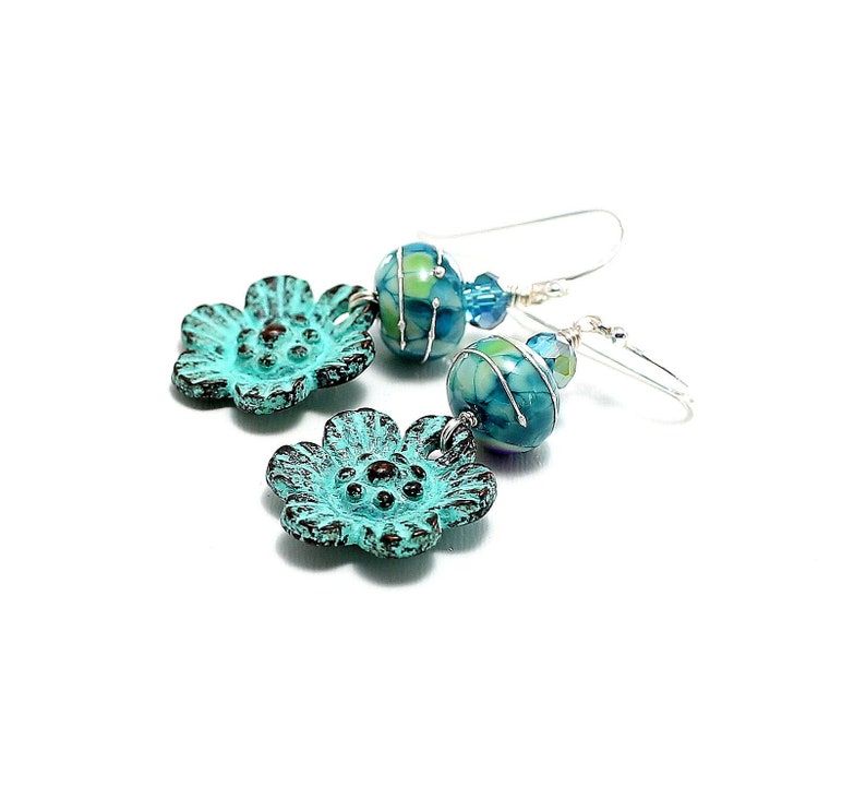 Glass Bead Jewelry. Special Gift Ideas For Her Turquoise Lampwork Glass Beads Mykonos Patina Flower Charms Small Boho Dangle Earrings