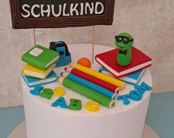 Fondant figures, first day of school, school, pens, books, bookworm, school bag, cake decoration