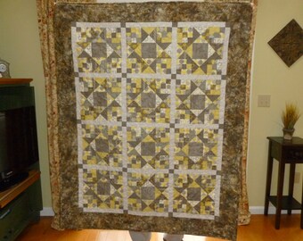 Handmade Quilt--Gray and Yellow Patchwork--free shipping