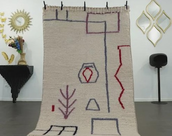 Alfombra de lana Beni Ourain hecha a mano marroquí de gran tamaño, alfombra bereber blanca, decoración interior minimalista y moderna.