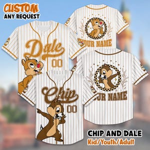 Camiseta de béisbol personalizada de Chip y Dale, camiseta de Disney Chip y Dale, atuendo del equipo de béisbol de Disney, regalo de cumpleaños de dibujos animados para niños y adultos.
