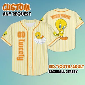 Camiseta de béisbol personalizada de Tweety de los Looney Tunes, camiseta de Tweety con nombre personalizado, camiseta de los Looney Tunes, regalo de cumpleaños