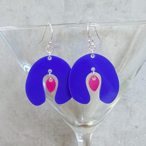 Abstract Female Vulva Blue and Magenta Acrylic Earrings on Silver Hooks