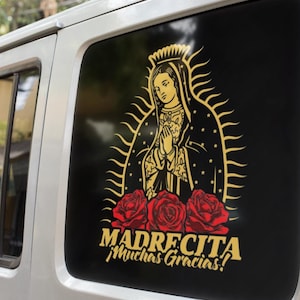 Virgen Maria Decal: Christian Faith Bumper Sticker - Gold & Red Vinyl