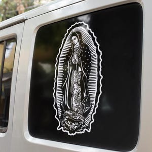 Calcomanía para parachoques, fe cristiana, hecha a mano, Virgen María de Guadalupe, vinilo.