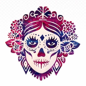 May include: Watercolor illustration of a sugar skull with a floral crown. The design features a white base with purple, blue, and pink watercolor accents. The name "KRISTINA" is printed at the top. The image is a Day of the Dead theme.