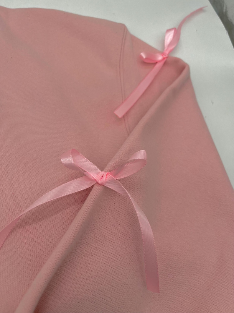 May include: A pink sweatshirt with two pink satin bows tied on the shoulders.