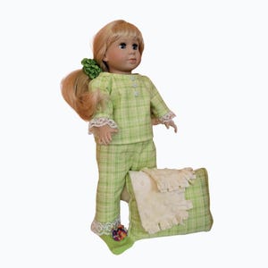 18&quot; Doll Clothes - Green Plaid Flannel Pajama Set with Pillow & Blanket