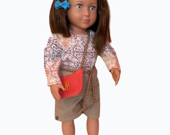 3 Piece Khaki Shorts & Patterned Top with Purse - 18" Doll Clothes