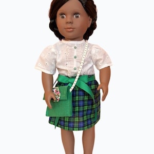 18&quot; Doll Clothes - 3 Piece Set Green & Blue Plaid Skirt with White Eyelet Blouse and Coordinating Purse