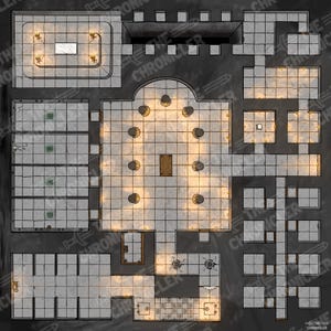Può includere: Vista dall'alto di una mappa dettagliata di un dungeon con pavimenti e pareti in pietra. La mappa presenta varie stanze, corridoi ed elementi architettonici, tra cui pilastri, tavoli e una piattaforma rialzata. L'illuminazione suggerisce torce o lanterne.