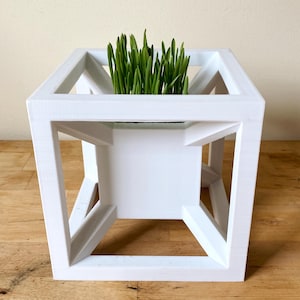 以下が含まれることがあります： 白い幾何学的なプランターボックス。立方体のようなデザインで、鮮やかな緑色の草で満たされた正方形の開口部があります。ボックスは白い木材でできており、木製の表面に置かれています。