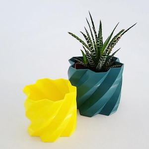 Könnte beinhalten: Zwei dekorative, geometrische Pflanzgefäße. Eines ist leuchtend gelb, das andere ist teal und enthält eine kleine Sukkulentenpflanze. Die Pflanzgefäße haben ein verdrehtes, spiralförmiges Design. Der Hintergrund ist schlicht weiß.