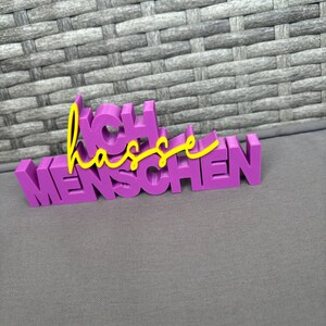 Op de afbeelding: Een paars 3D-geprint bord met de Duitse zin "Ich hasse Menschen". De woorden "Ich" en "Menschen" zijn in paarse blokletters, terwijl "hasse" in gele cursieve letters is geschreven.