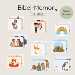 May include: A set of illustrated memory game cards with religious themes. The cards feature colorful images of biblical scenes, including Jesus on a donkey, a wedding couple, a rainbow, and other characters. The text "Bibel-Memory" is at the top.