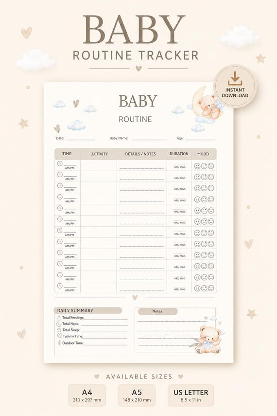 Printable Baby Routine Planner | Newborn Care Log | Daily Feeding, Sleep & Mood Tracker for Infants | Baby Journal | A4, A5, US Letter Sizes