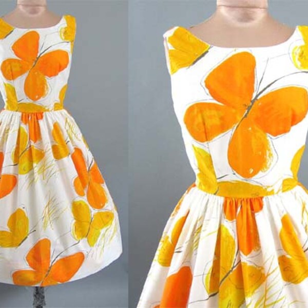 Vintage 1950's 50's style // Vintage VERA Butterfly handpainted watercolor sheet design // Mad Men Garden Party Dress