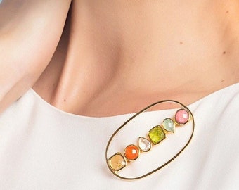 Multistone Brooch | Gold Brooch Pin | Gemstone Brooch | Gold Brooch with Stone | Colorful Brooch | Rainbow Brooch | Elegant Brooch