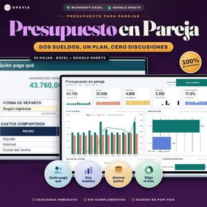 Könnte beinhalten: Ein digitaler Budgetplaner für Paare auf zwei Laptop-Bildschirmen mit dem Text Presupuesto en Pareja, Dos sueldos, un plan, cero discusiones und 29 hojas Excel + Google Sheets. Die Benutzeroberfläche enthält Finanzdiagramme, Grafiken und Datentabellen zur Verfolgung von gemeinsamen Ausgaben und Einkommen.