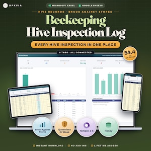May include: A digital beekeeping hive inspection log displayed on a laptop, tablet, and smartphone. The interface features charts, data tables, and tabs for tracking hive health, honey production, and inspections, with text reading Beekeeping Hive Inspection Log.