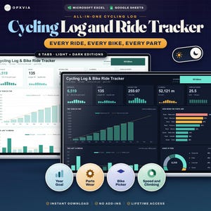 May include: A digital cycling log and ride tracker displayed on two laptop screens, featuring light and dark interface modes. The dashboard includes data visualisations, charts, and metrics for tracking bike rides, yearly goals, and component wear.