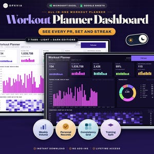 May include: A digital workout planner dashboard displayed on two screens, featuring data visualizations like bar charts, a donut chart, and a consistency grid. The interface includes text labels such as Workout Planner, Weekly Volume, Personal Records, and Training Split, with options for light and dark modes.