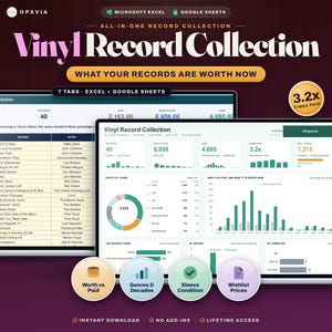 May include: A digital vinyl record collection tracker displayed on two laptop screens. The interface features charts, data tables, and metrics including record counts, total value, and genre breakdowns. Text includes Vinyl Record Collection, Microsoft Excel, Google Sheets, and various data labels.