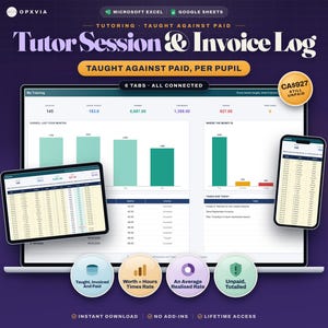 May include: A digital Tutor Session & Invoice Log template for Microsoft Excel and Google Sheets displayed on a laptop, tablet, and smartphone. The interface features data dashboards, bar charts, and financial tracking tables with purple accents.