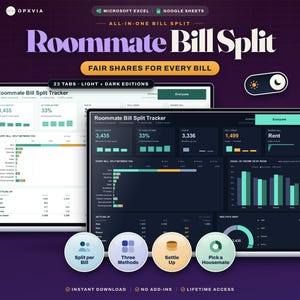 Puede incluir: Una hoja de cálculo digital de seguimiento de gastos compartidos para Microsoft Excel y Google Sheets. La interfaz muestra datos financieros, gráficos y métricas en modos claro y oscuro. Incluye el texto Fair Shares For Every Bill.