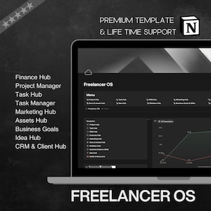 Könnte beinhalten: Ein Laptop-Bildschirm zeigt die Freelancer OS-Oberfläche, ein Projektmanagement-Tool mit dunklem Thema. Der Bildschirm zeigt verschiedene Hubs wie Finanzen, Projektmanager und Marketing. Der Text "PREMIUM TEMPLATE & LIFE TIME SUPPORT" ist oben sichtbar.