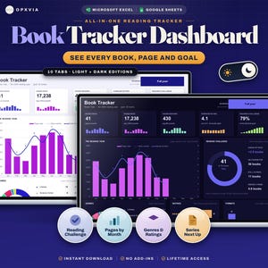 May include: A digital book tracker dashboard displayed on two laptop screens, featuring light and dark modes. The interface includes charts, reading statistics, and progress bars for books, pages, and goals. Text includes Book Tracker Dashboard.