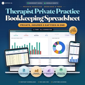 Può includere: Un foglio di calcolo contabile digitale per studi di terapia privati, compatibile con Microsoft Excel e Google Sheets. Il display mostra dashboard finanziarie, grafici a barre e diagrammi a torta su laptop, tablet e smartphone.