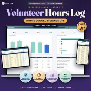 May include: A digital Volunteer Hours Log spreadsheet template for Microsoft Excel and Google Sheets. The interface displays data dashboards, bar charts, and task lists across multiple devices including a laptop, tablet, and smartphone.