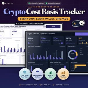 May include: A digital crypto cost basis tracker spreadsheet displayed on two laptop screens, featuring light and dark interface modes, data charts, financial metrics, and four circular icons labelled Cost Basis, Exchanges, Buys, and Fees.