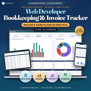 May include: A digital Web Developer Bookkeeping & Invoice Tracker spreadsheet for Microsoft Excel and Google Sheets. The interface displays financial data, bar charts, and pie charts across multiple devices, including a laptop, tablet, and smartphone.