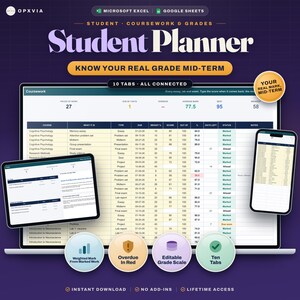 Student Planner Spreadsheet, Excel Google Sheets, Assignment Tracker, GPA and Grade Calculator, Class Schedule