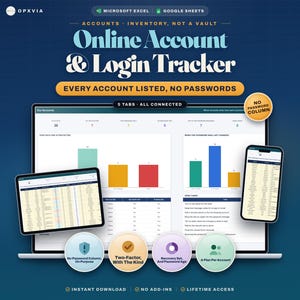 May include: A digital Online Account & Login Tracker template for Microsoft Excel and Google Sheets. The display shows a dashboard with bar charts, data tables, and five circular icons highlighting features like two-factor authentication.