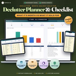 Declutter Planner Spreadsheet, Excel Google Sheets, Room by Room Checklist, Sell or Donate Tracker