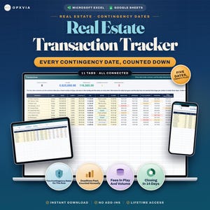 Könnte beinhalten: Eine digitale Immobilien-Transaktions-Tracker-Tabelle für Microsoft Excel und Google Sheets. Die Benutzeroberfläche zeigt eine Tabelle mit Immobiliendaten, Eventualterminen und Finanzspalten auf einem Laptop, Tablet und Smartphone-Bildschirm.
