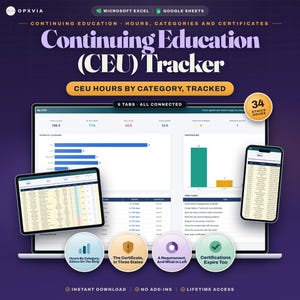 Continuing Education CEU Tracker, Excel Google Sheets, Professional Development Log, License Renewal Hours