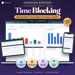 Time Blocking Planner Spreadsheet, Excel Google Sheets, Weekly Schedule, Time Management, Deep Work Tracker