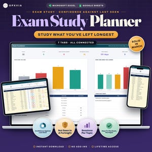 Op de afbeelding: Een digitale examenplanner-sjabloon voor Microsoft Excel en Google Sheets, weergegeven op een laptop, tablet en smartphone. De interface bevat kleurrijke staafdiagrammen, gegevenstabellen en voortgangsstatistieken tegen een donkerpaarse achtergrond.