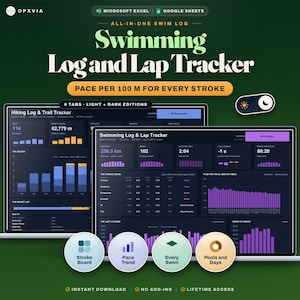 May include: A digital swimming log and lap tracker spreadsheet template for Microsoft Excel and Google Sheets. The interface displays data dashboards with bar charts, pace metrics, and stroke analysis in dark mode, featuring six tabs and light and dark editions.